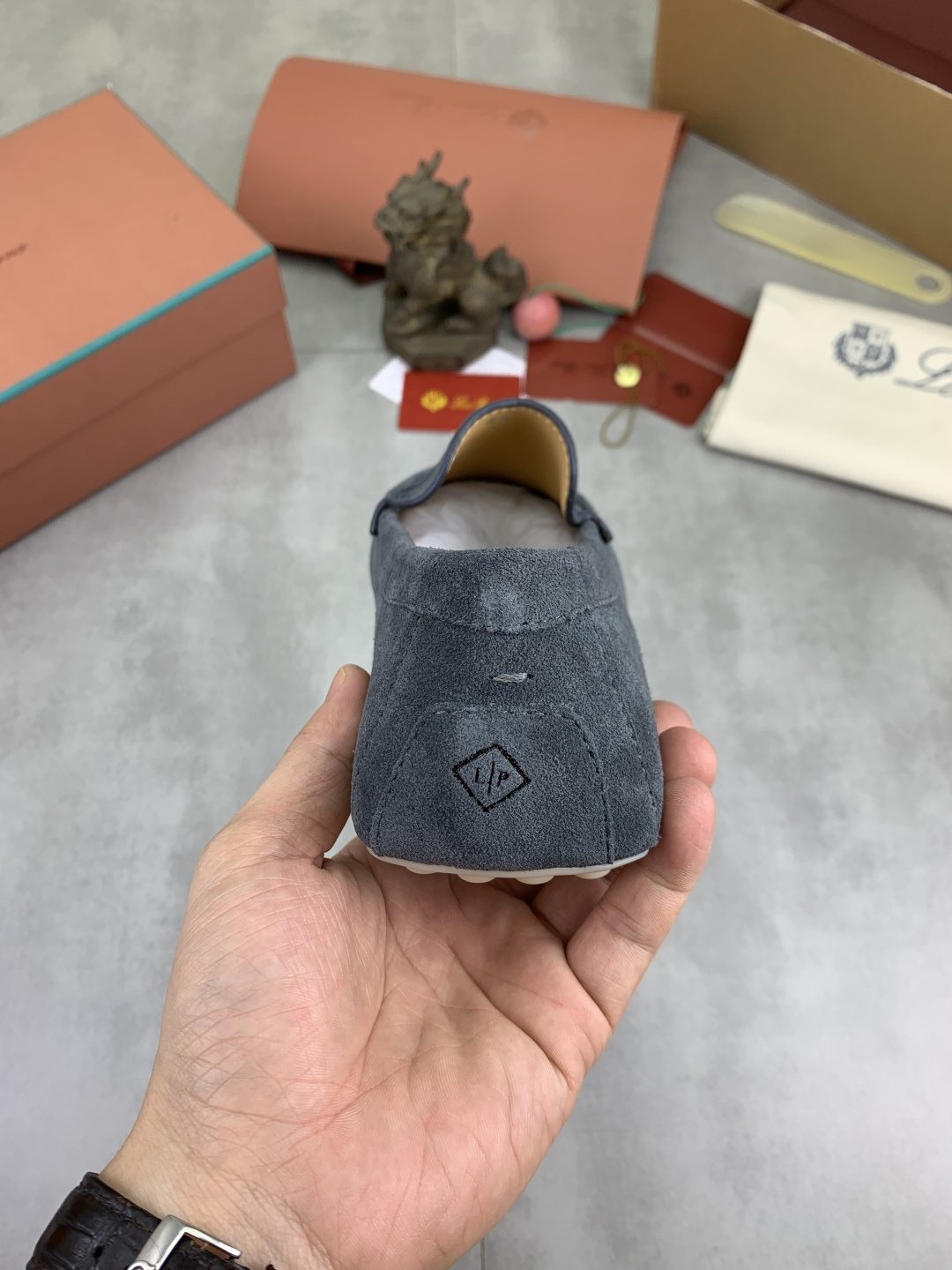Loro Piana Blue-Gray Suede Driving Shoes — detail