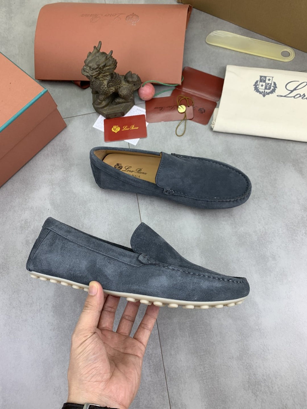 Loro Piana Blue-Gray Suede Driving Shoes — side