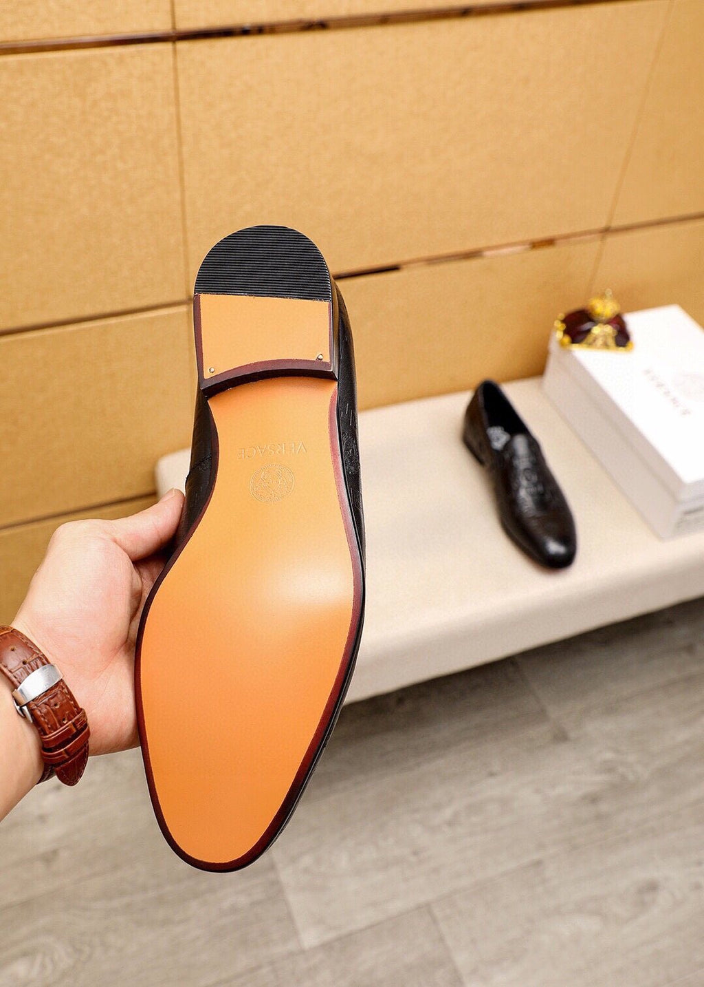 Versace Embossed Leather Slip-On Shoes — detail