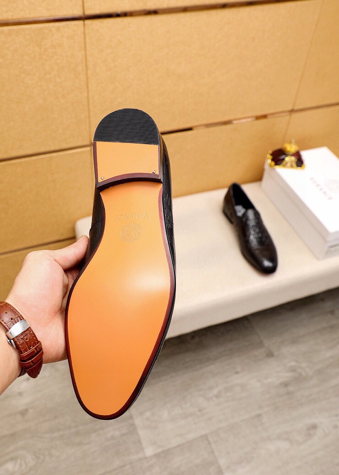 Versace Embossed Leather Slip-On Shoes — detail