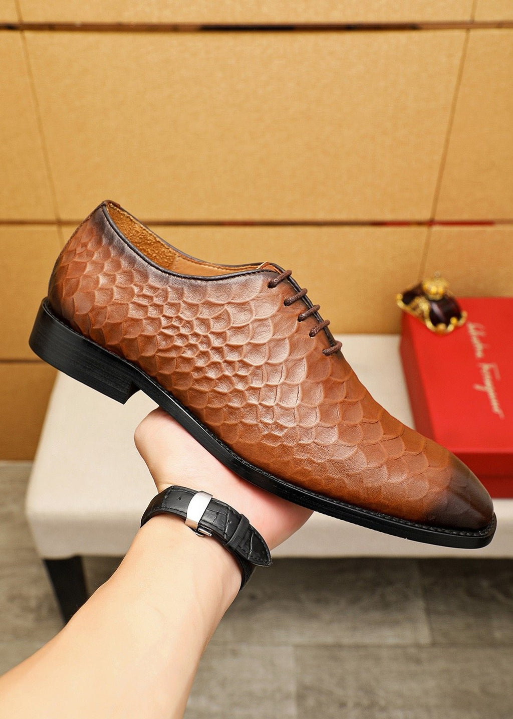 Ferragamo Embossed Lace-Up Dress Shoes — model