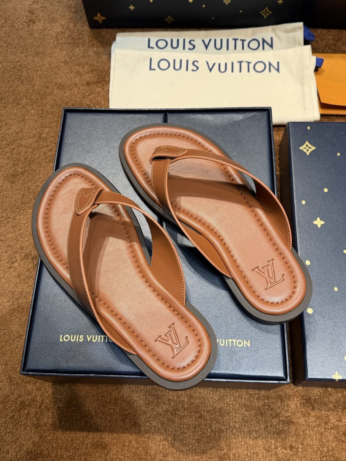 Louis Vuitton Tan Brown Thong Sandals — front