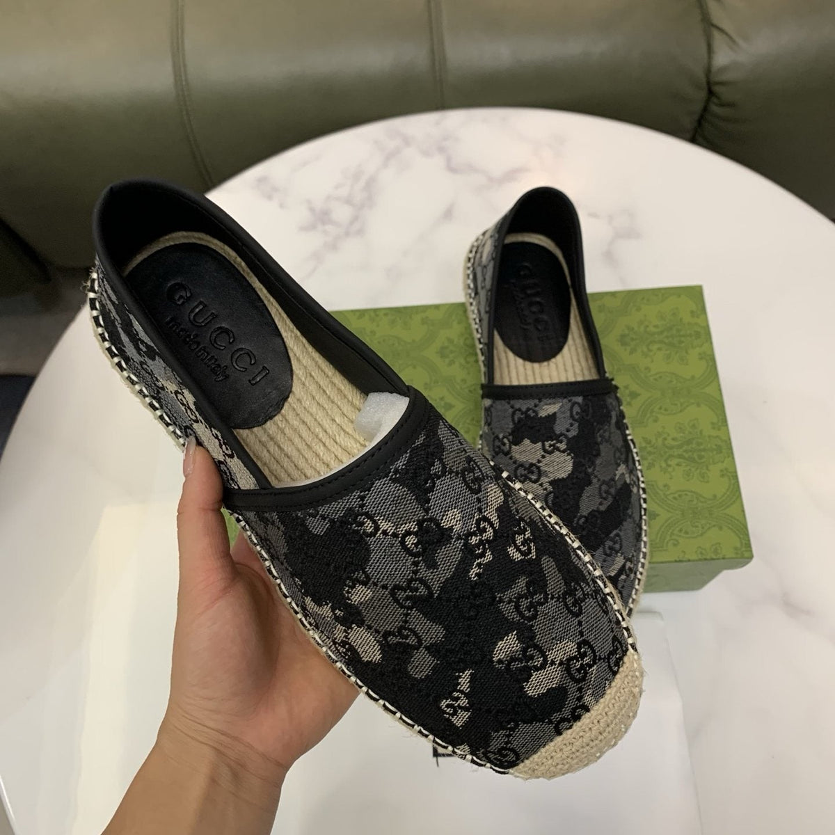 Gucci Black & Gray Monogram Espadrille Loafers — model