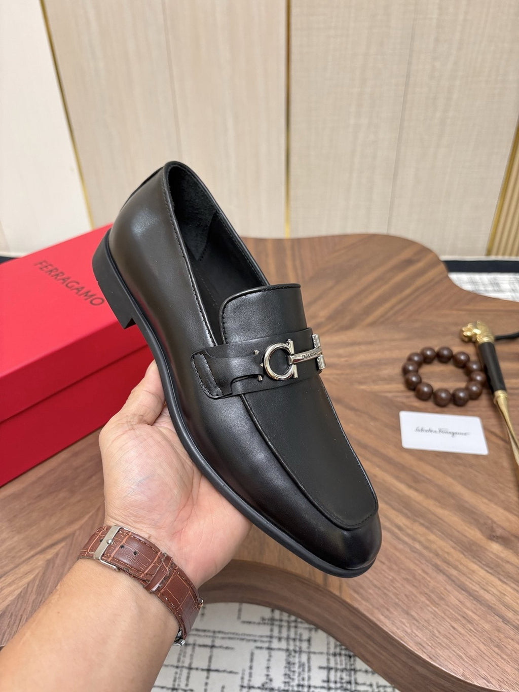 Ferragamo Dark Brown Metal Bit Loafers — model
