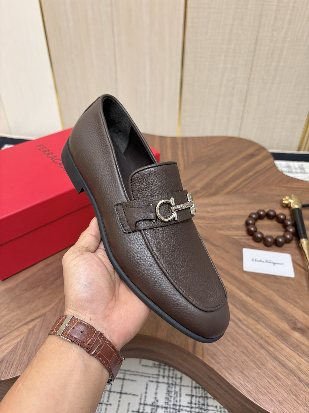 Ferragamo Dark Brown Metal Bit Loafers — model