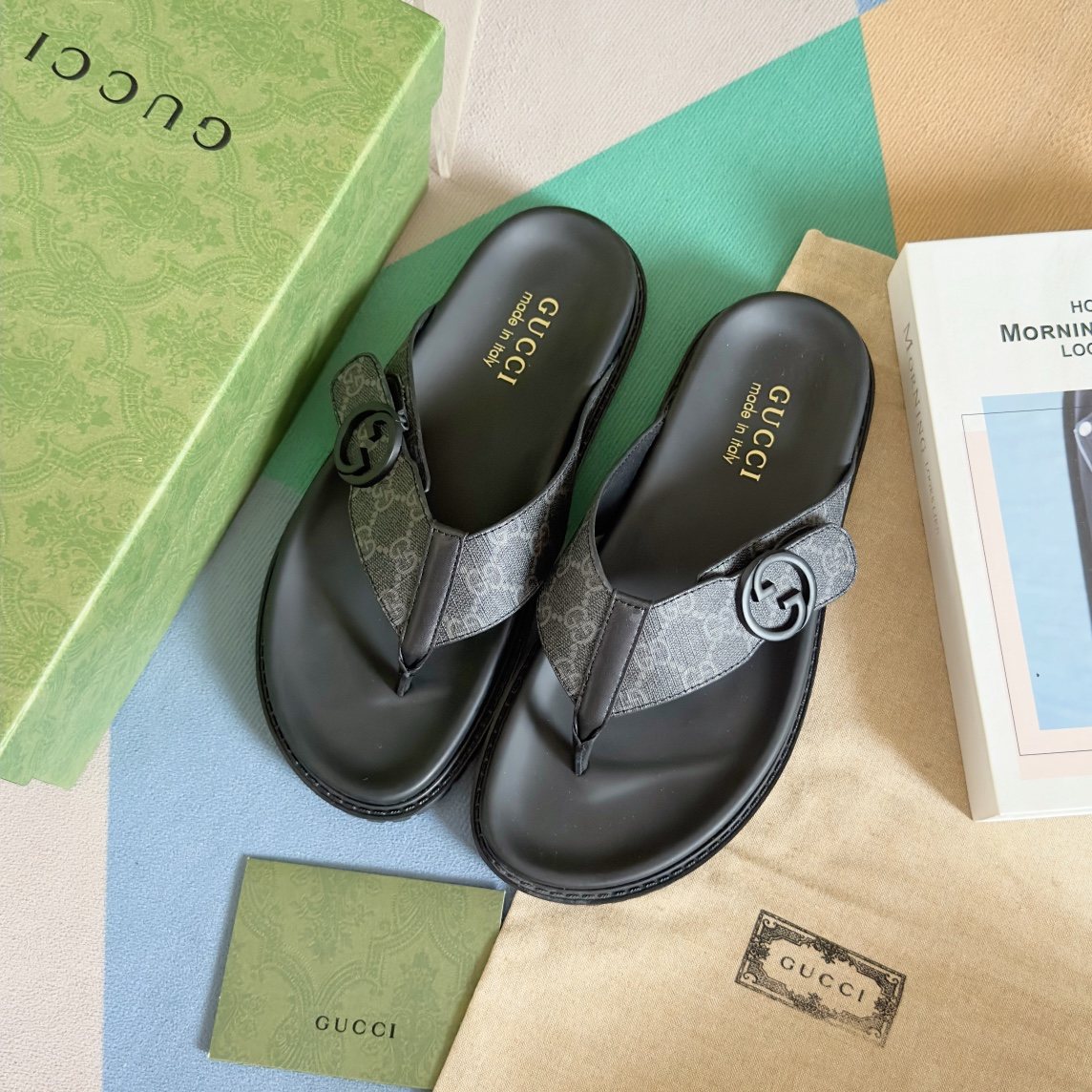 Gucci Black and Gray Monogram Toe-Post Sandals — front