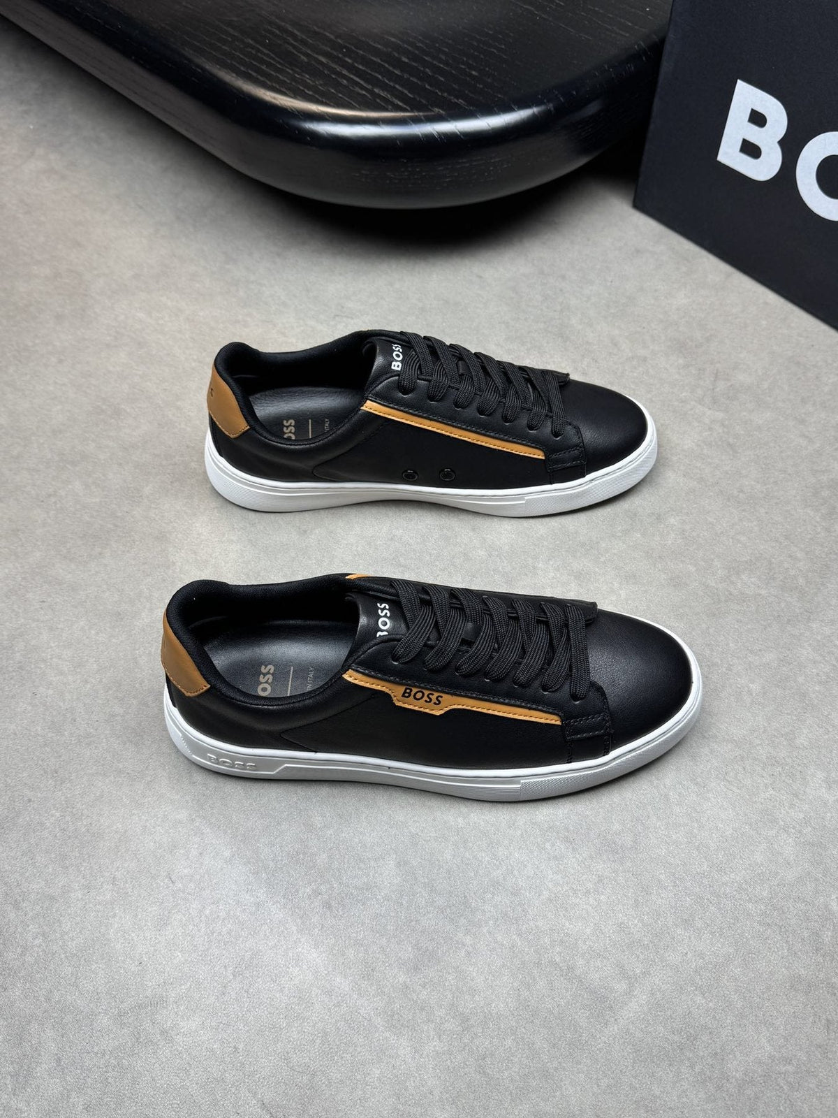 BOSS White Green Low-Top Sneakers — front