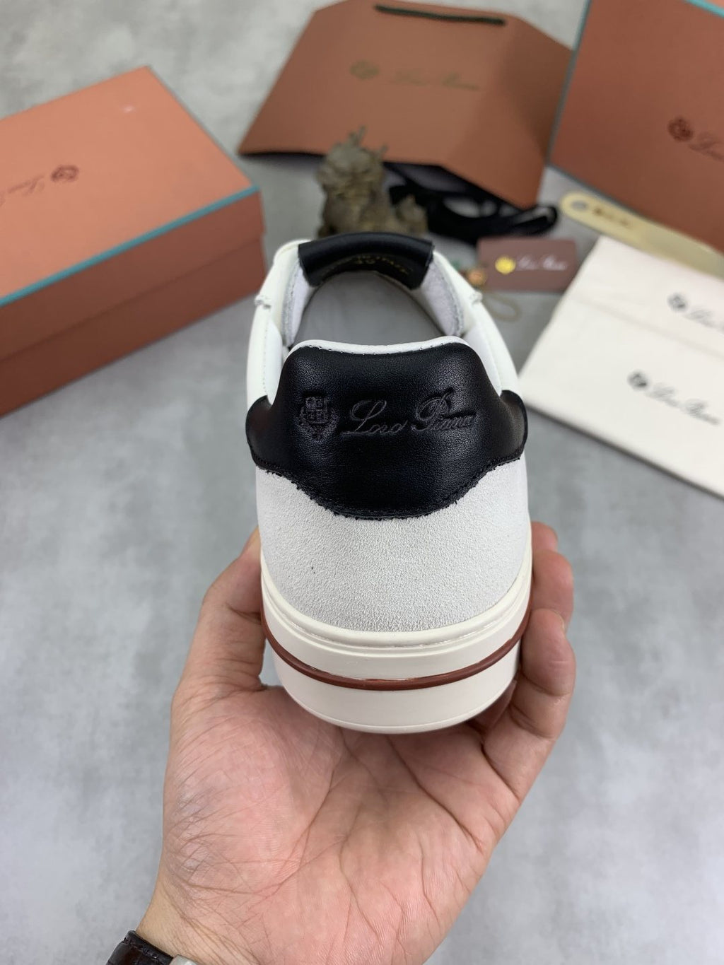 微商相册测试鞋子-Loro Piana Contrast Stripe Low-Top Sneakers — model