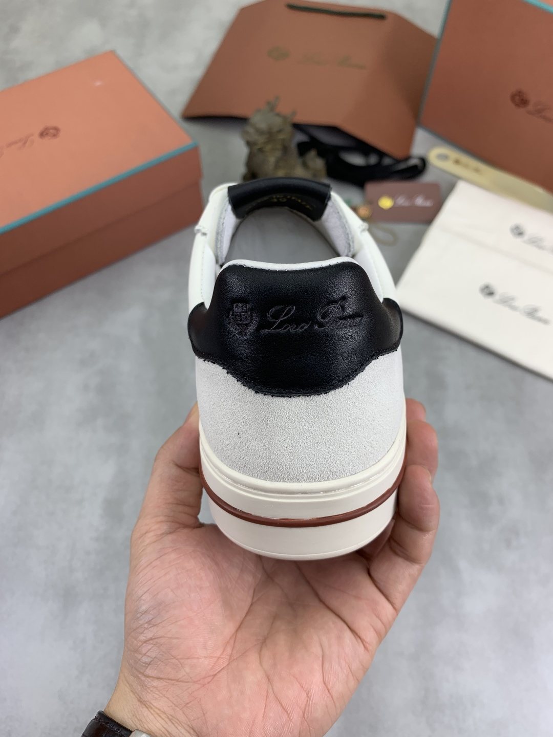 微商相册测试鞋子-Loro Piana Contrast Stripe Low-Top Sneakers — model