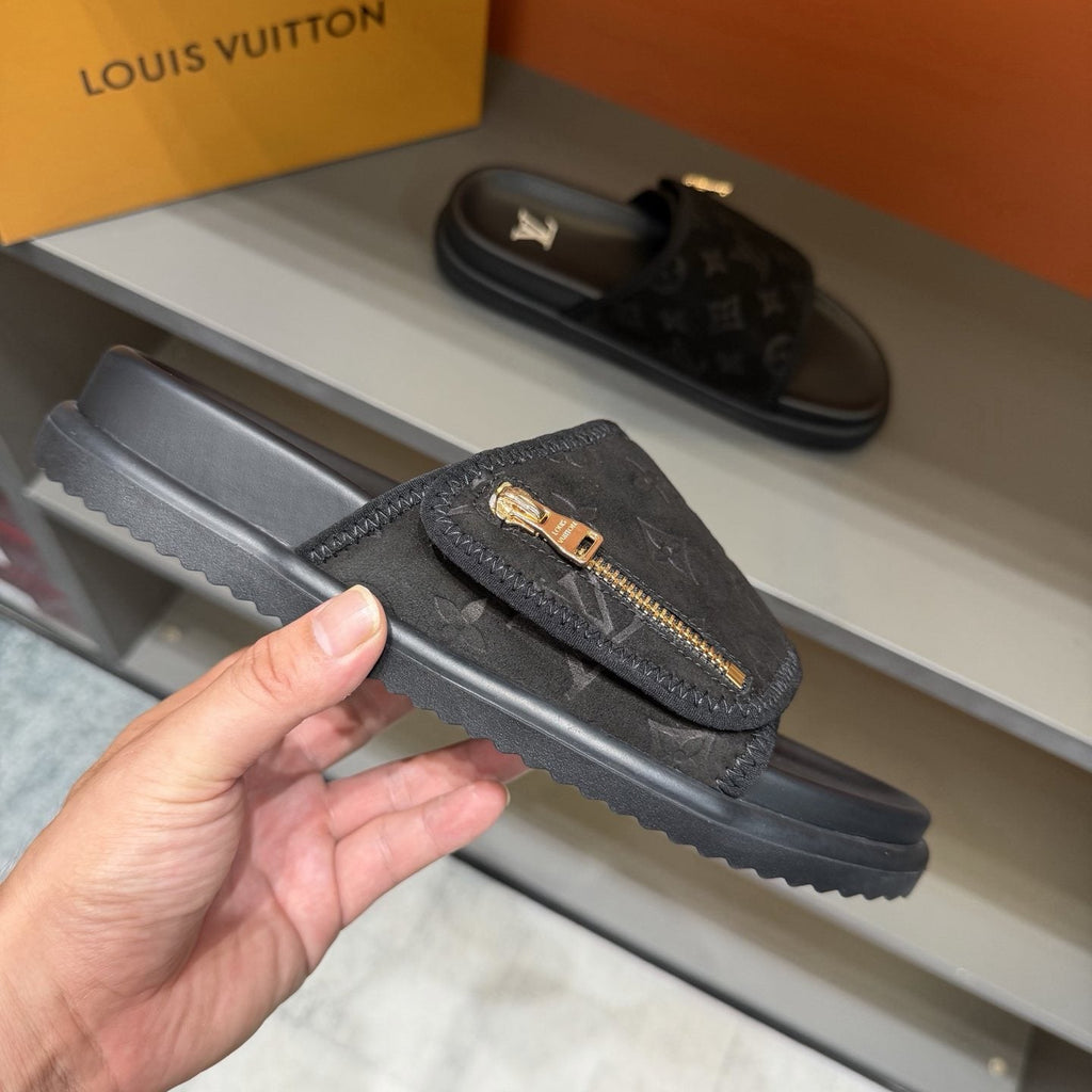Louis Vuitton Black Monogram Strap Slide Sandals — front