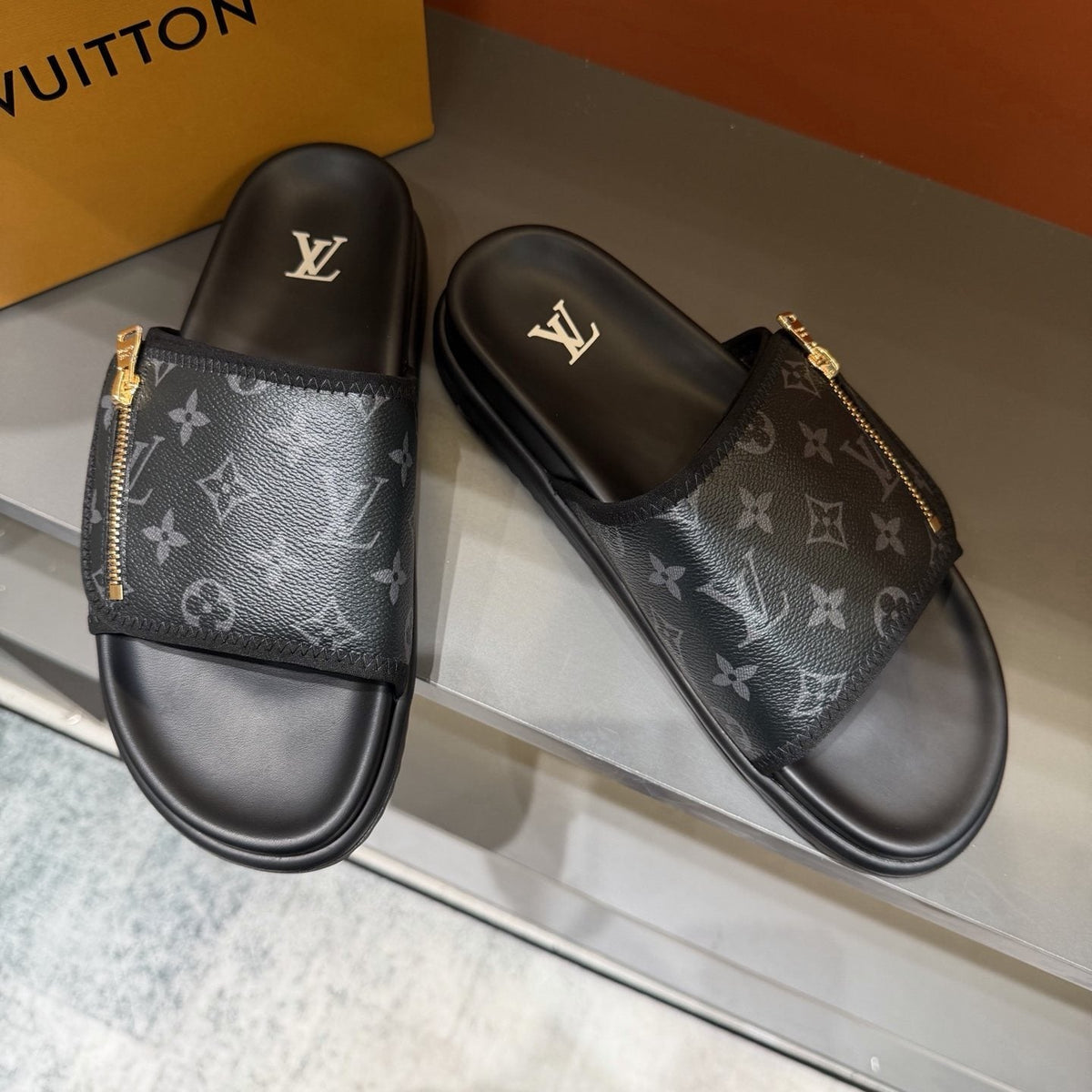 Louis Vuitton Black Monogram Strap Slide Sandals — front
