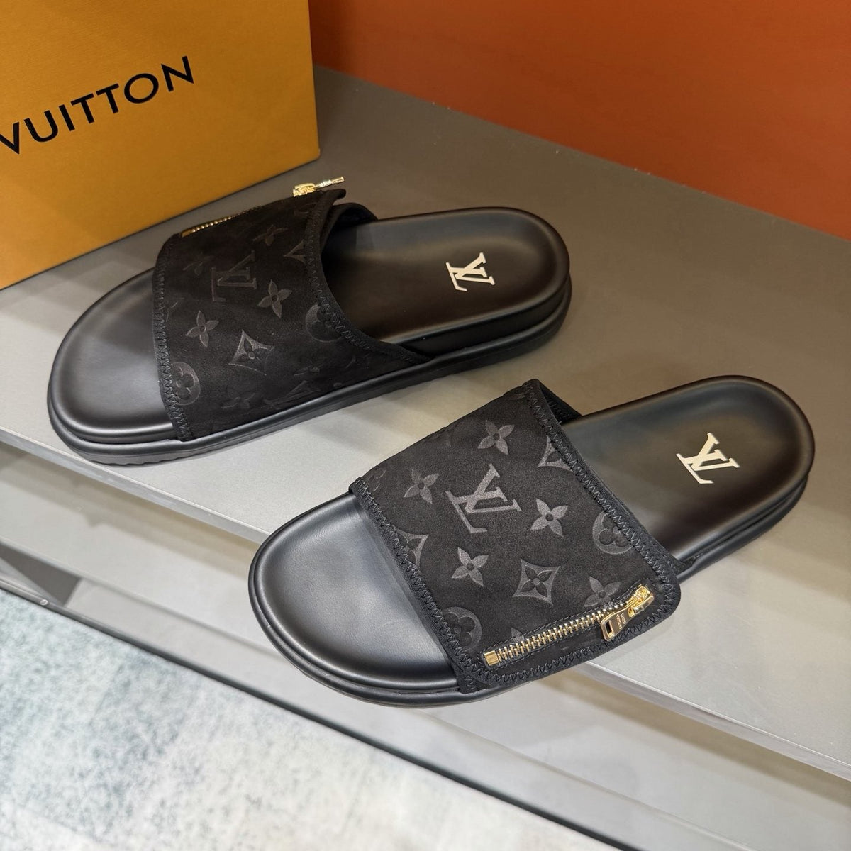 Louis Vuitton Black Monogram Strap Slide Sandals — front