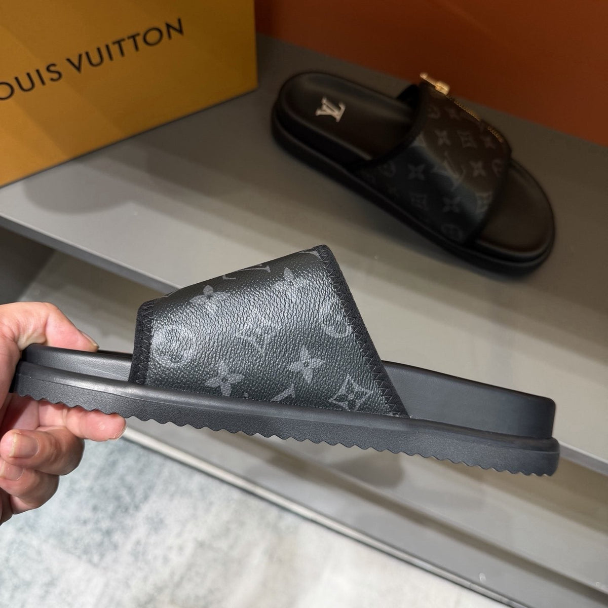 Louis Vuitton Black Monogram Strap Slide Sandals — side