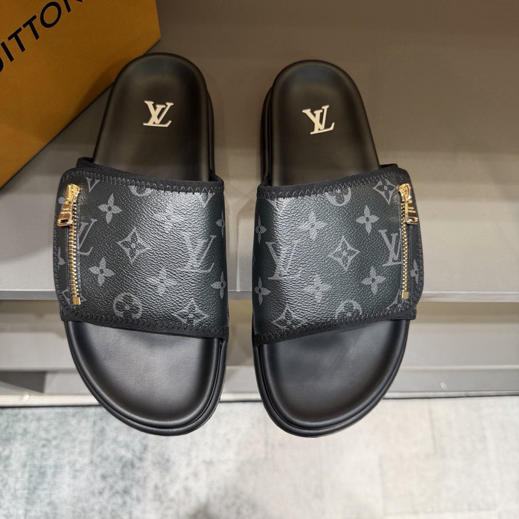 Louis Vuitton Black Monogram Strap Slide Sandals — hero