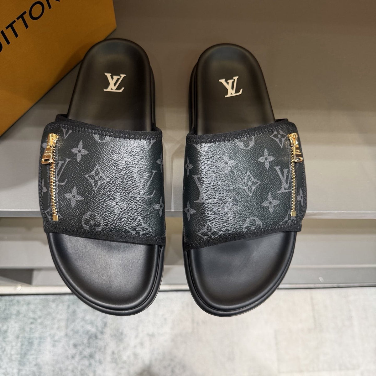 Louis Vuitton Black Monogram Strap Slide Sandals — hero