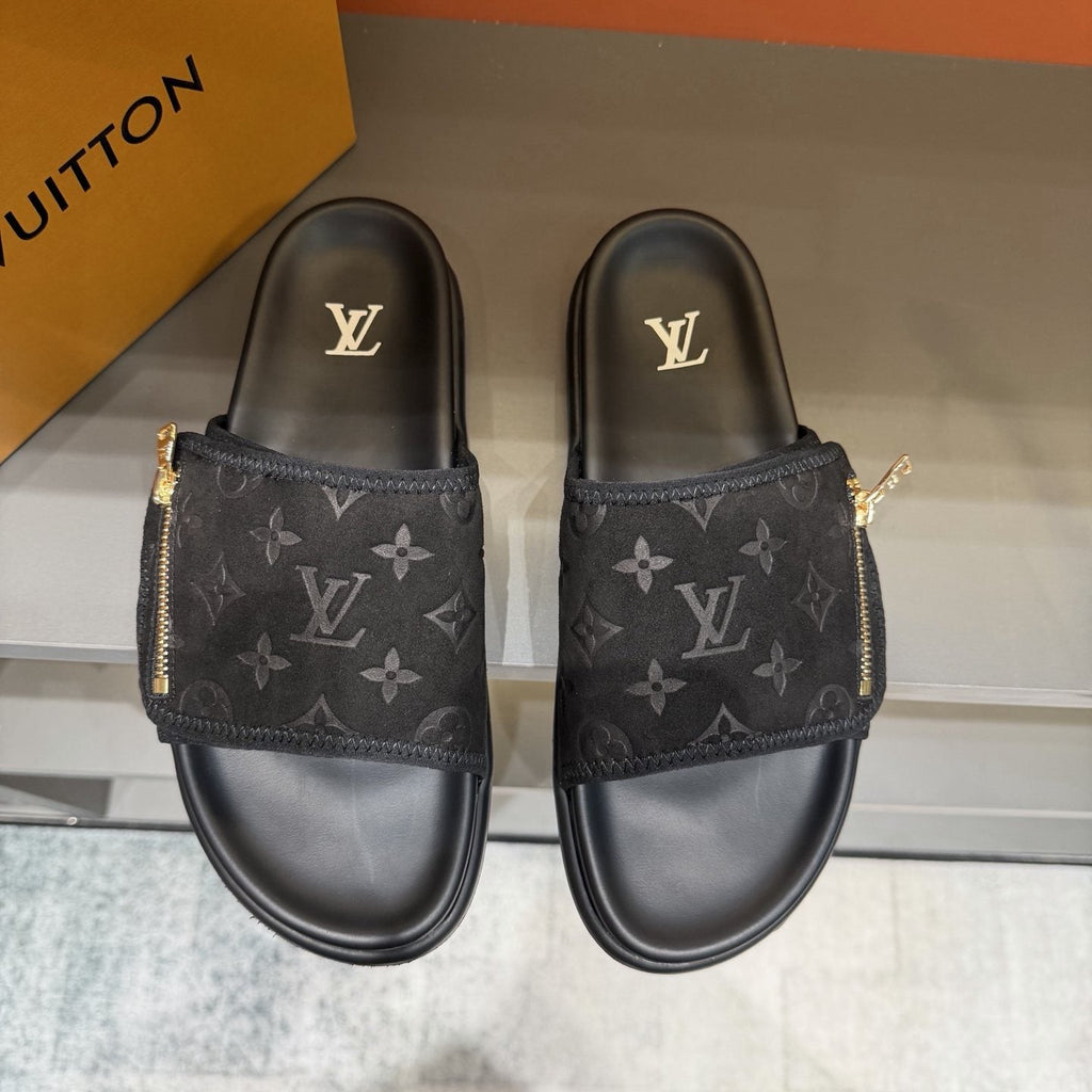 Louis Vuitton Black Monogram Strap Slide Sandals — front