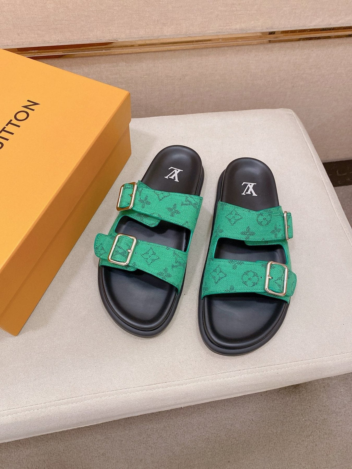 Louis Vuitton Double-Buckle Slide Sandals — front
