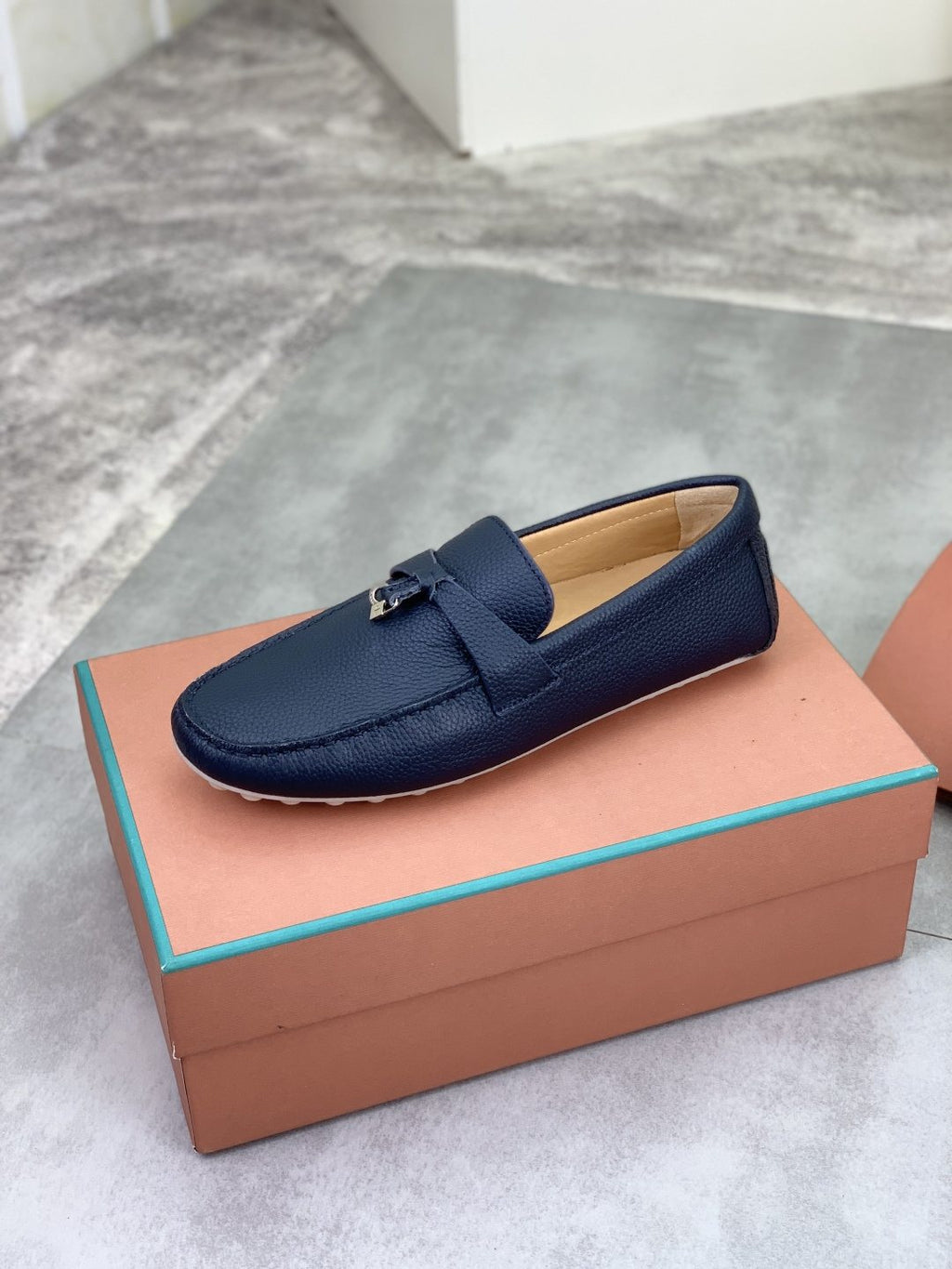 Loro Piana Dark Navy Blue Moc-Toe Loafers — side