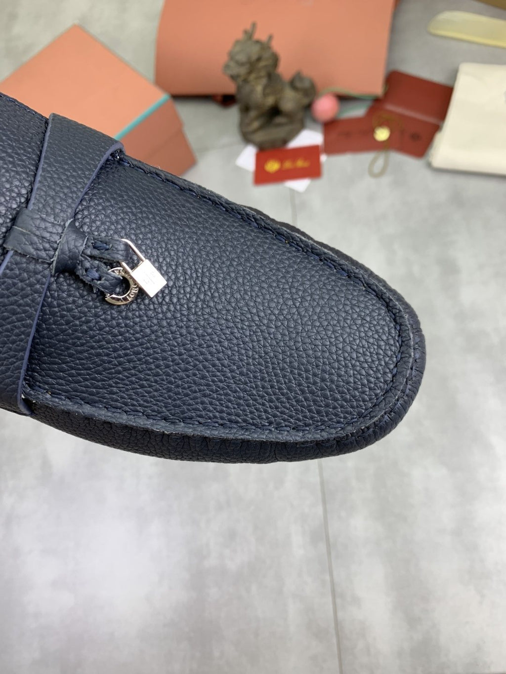 Loro Piana Dark Navy Blue Moc-Toe Loafers — detail