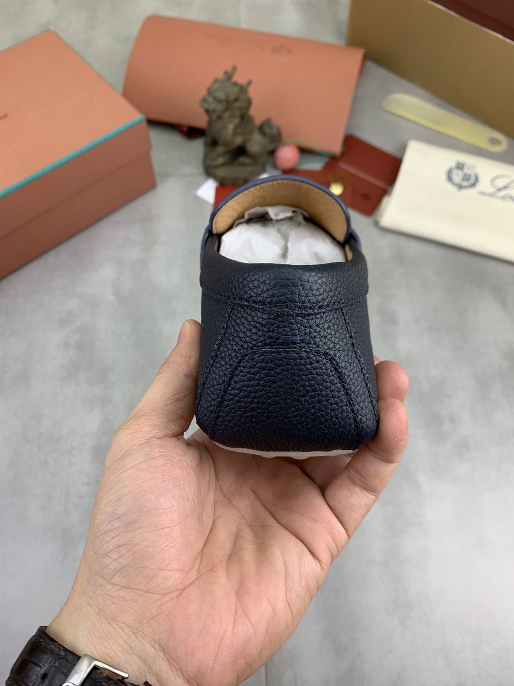 Loro Piana Dark Navy Blue Moc-Toe Loafers — back