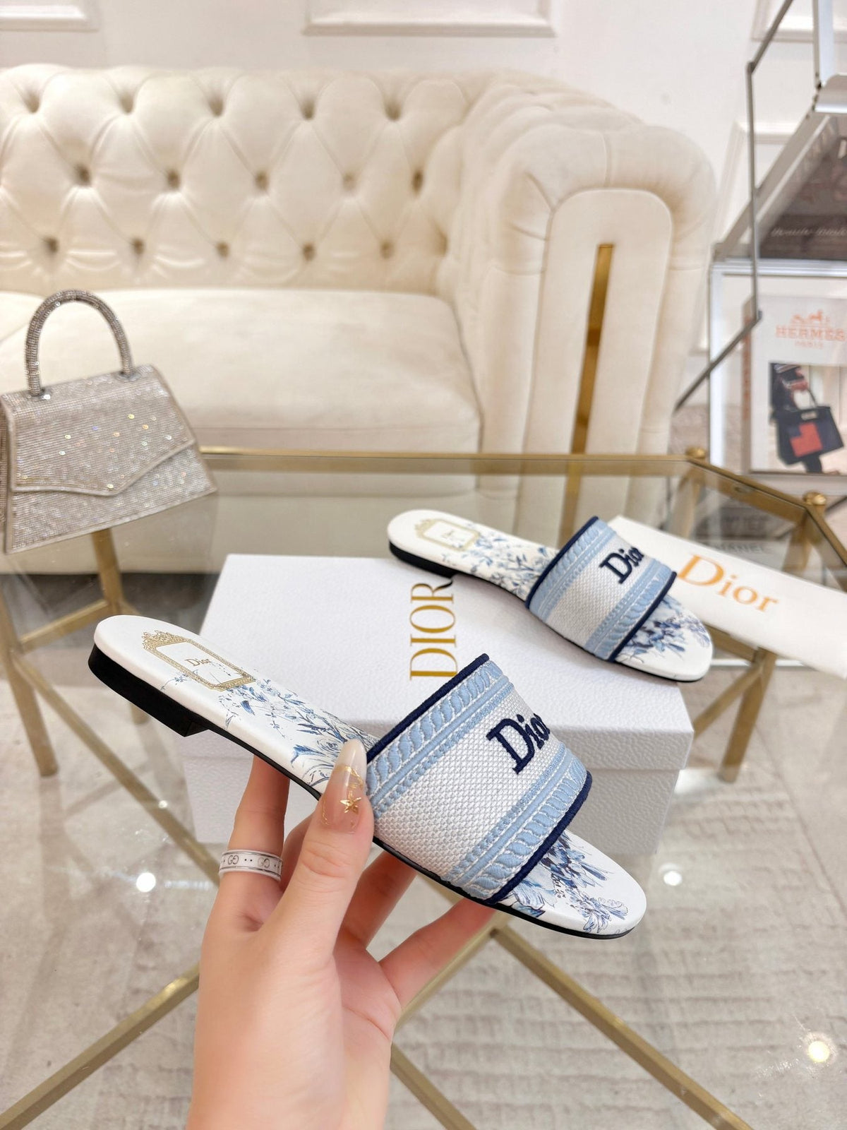 Dior Floral Print Slide Sandals — model