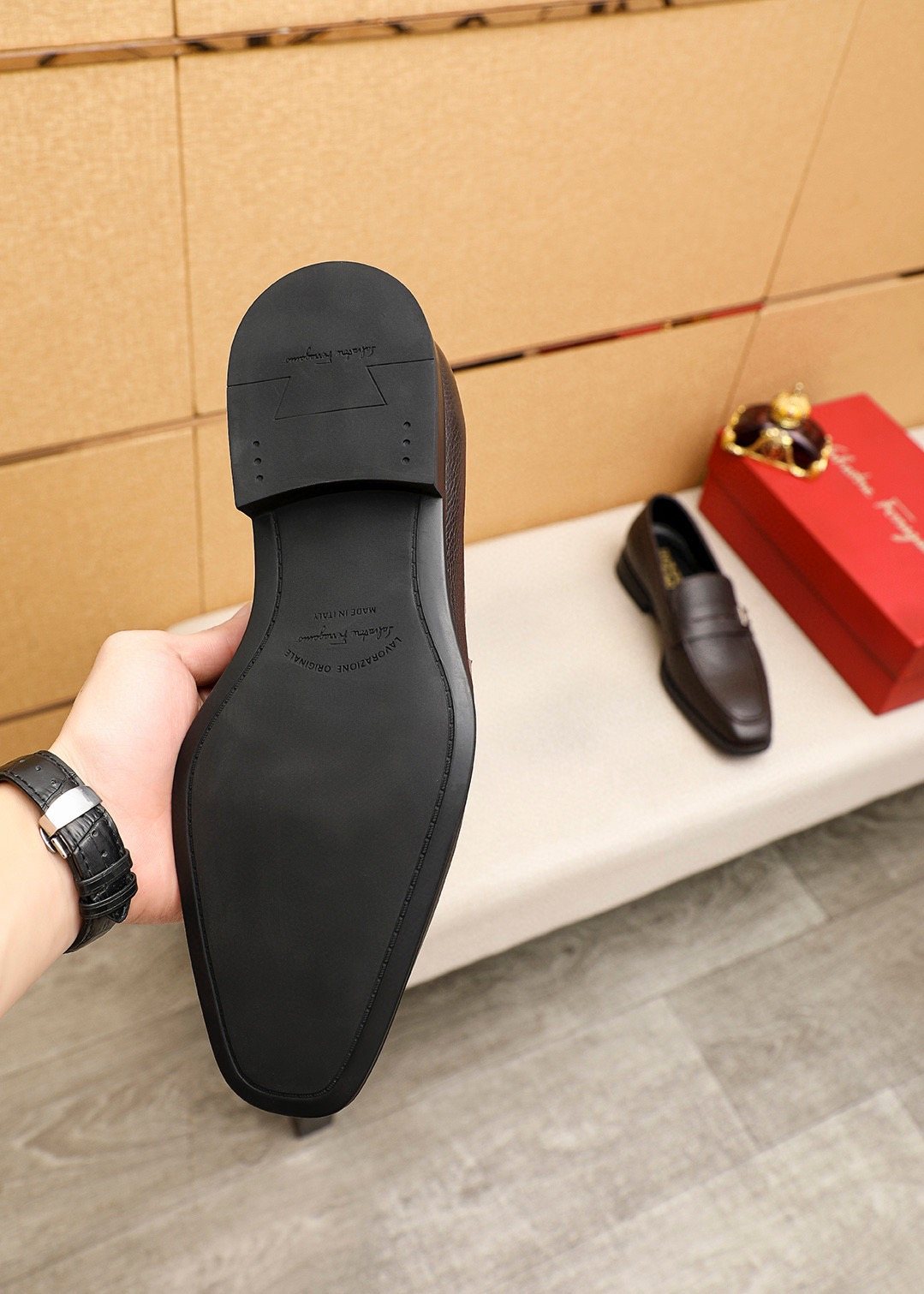 Ferragamo Textured Metal-Accent Loafers — side