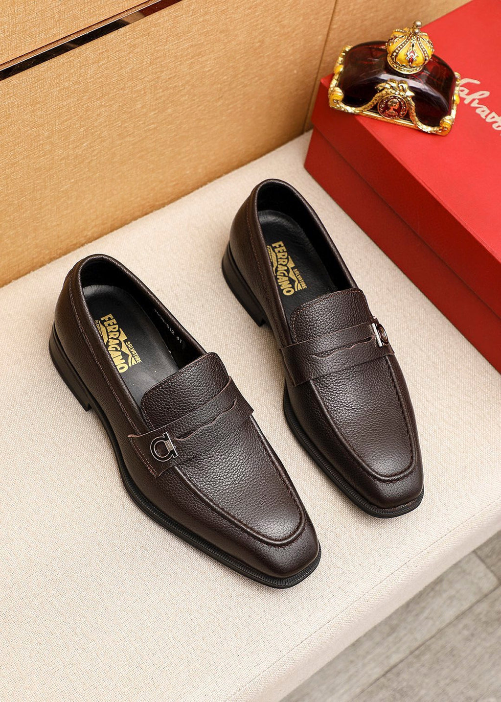 Ferragamo Textured Metal-Accent Loafers — front