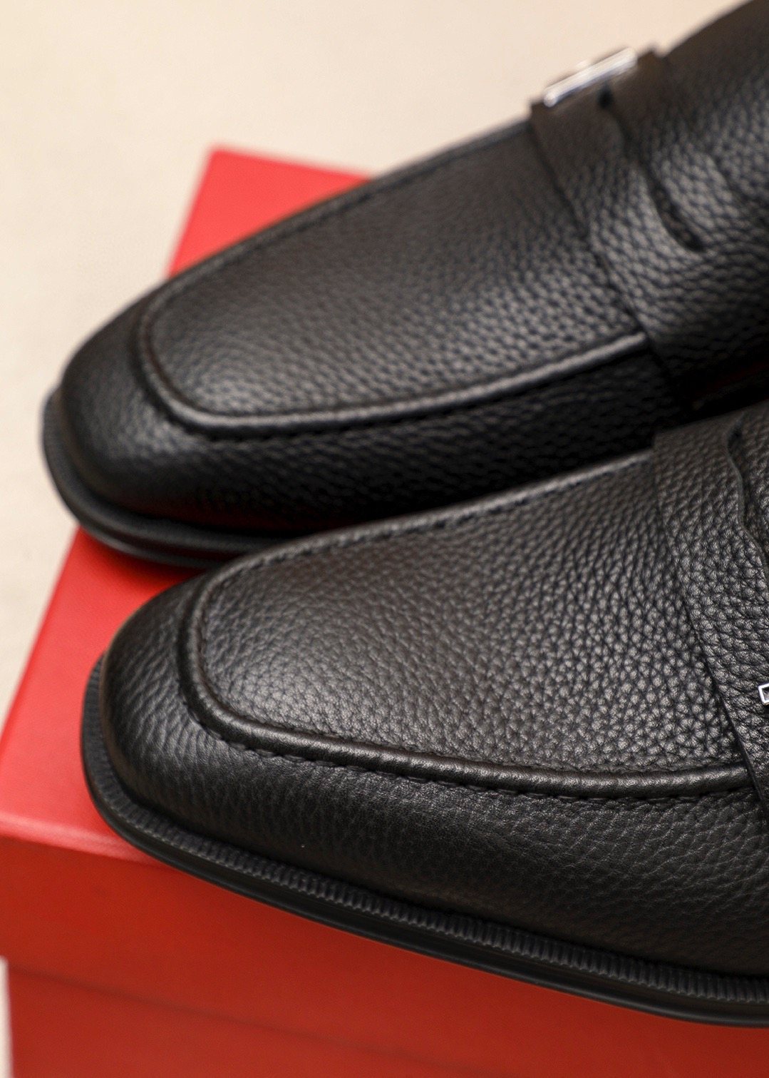 Ferragamo Textured Metal-Accent Loafers — detail