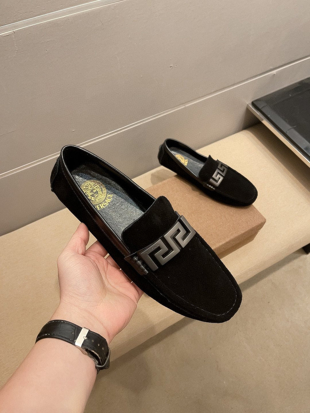 Versace Geometric Buckle Loafers — front