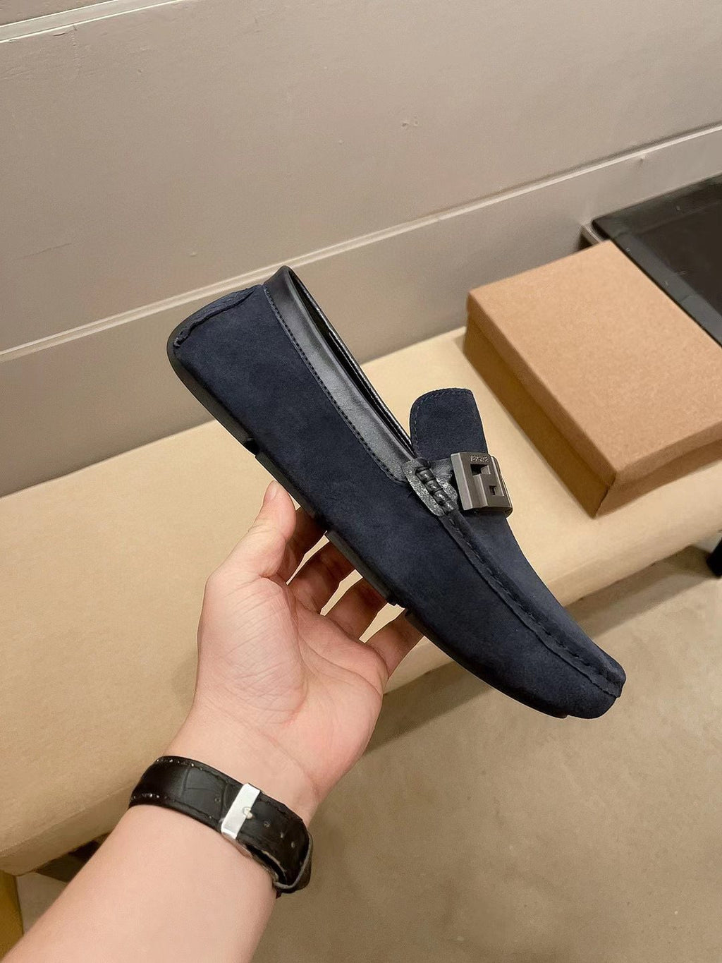 Versace Geometric Buckle Loafers — side
