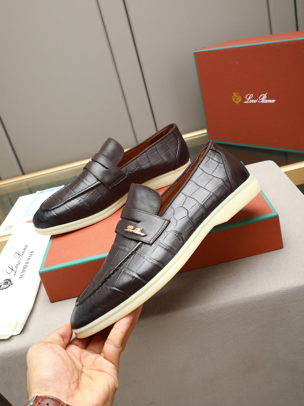 Loro Piana Crocodile-Embossed Loafers — front
