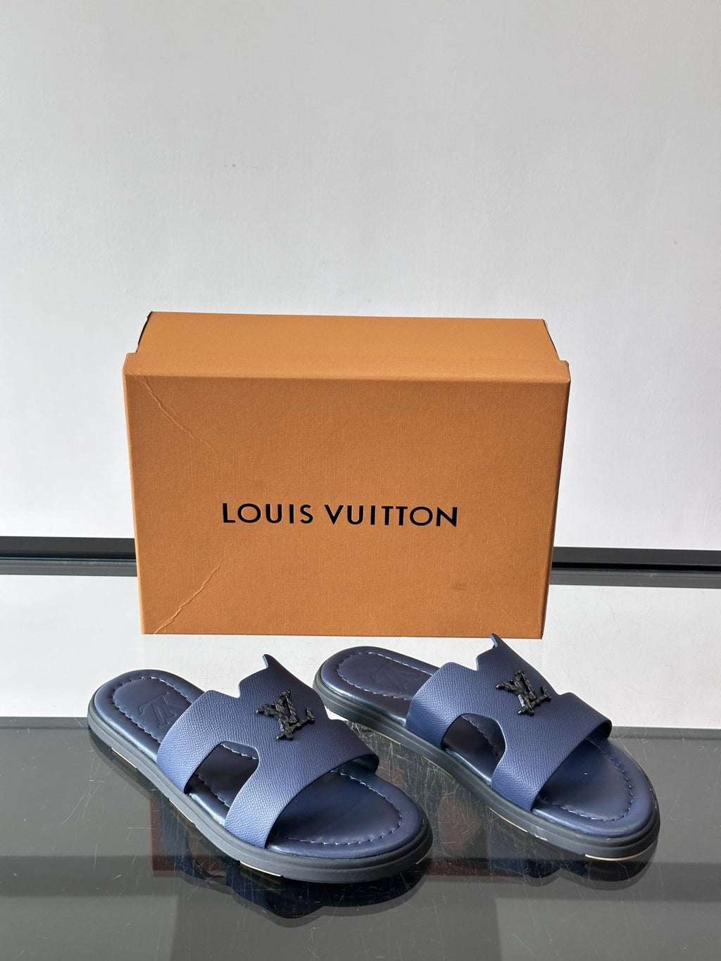 Louis Vuitton Navy Blue Slide Sandals — front