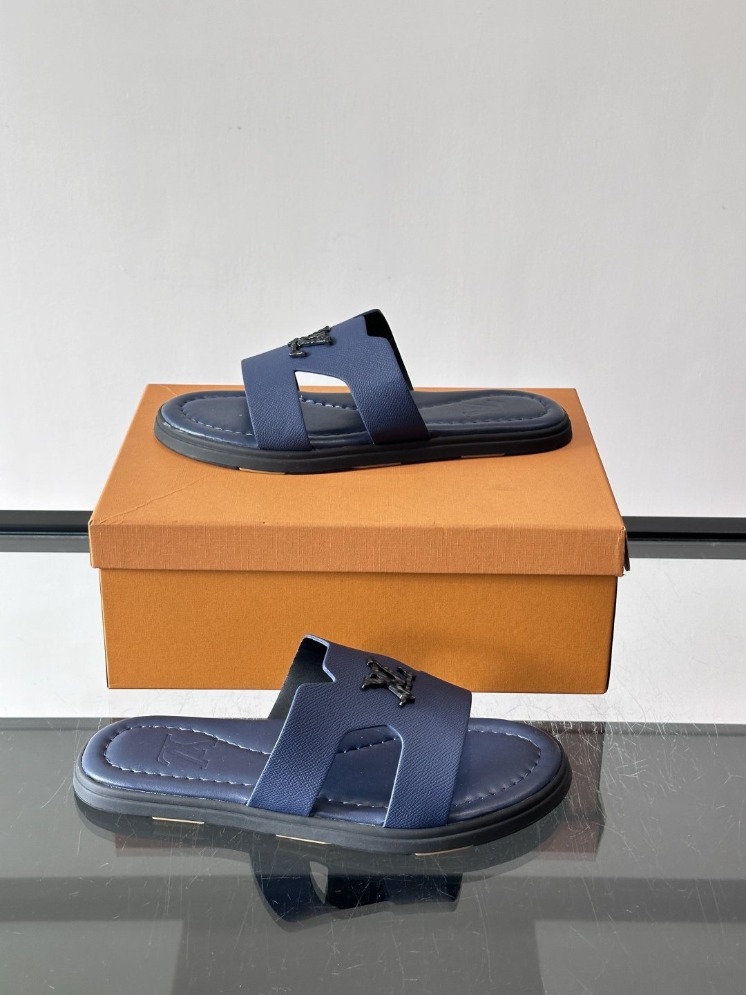 Louis Vuitton Navy Blue Slide Sandals — side