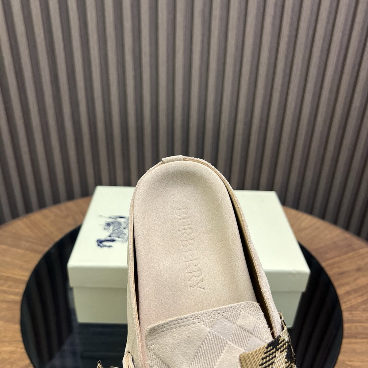 Burberry Brown Plaid Buckle Mule Slippers — detail