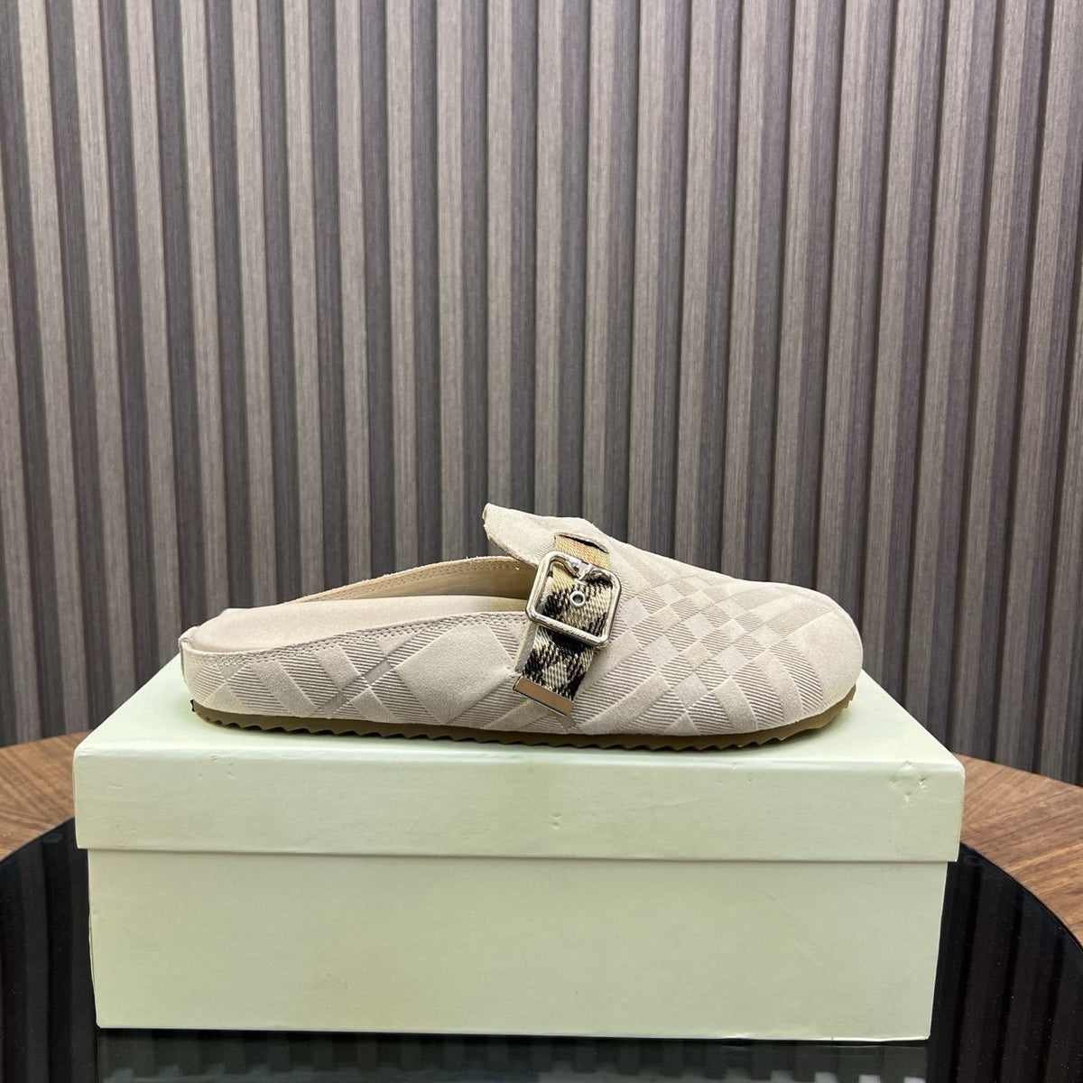 Burberry Brown Plaid Buckle Mule Slippers — side