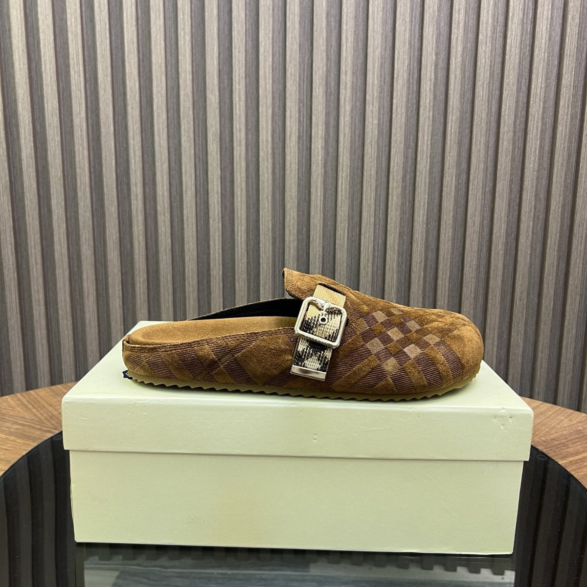Burberry Brown Plaid Buckle Mule Slippers — side