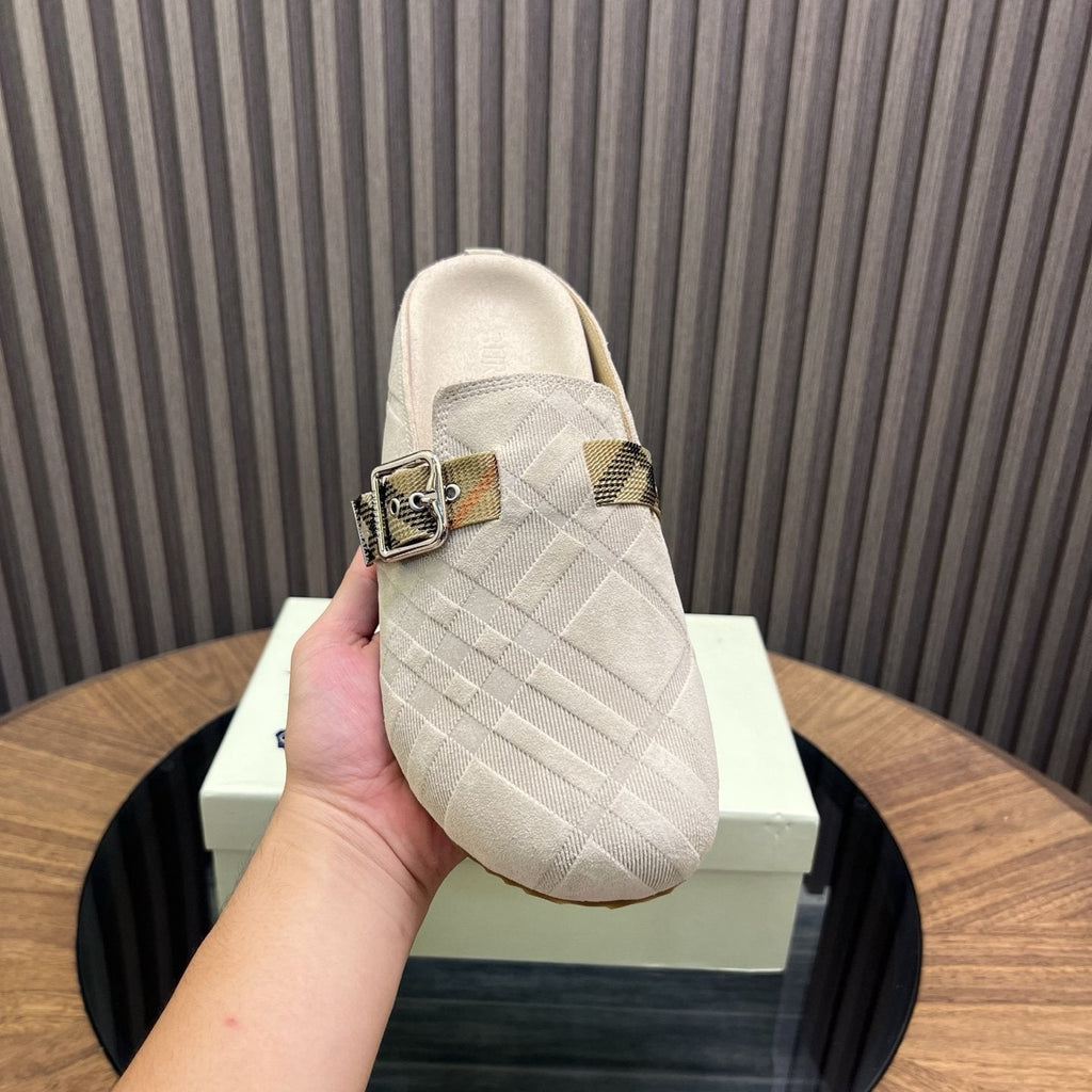 Burberry Brown Plaid Buckle Mule Slippers — model