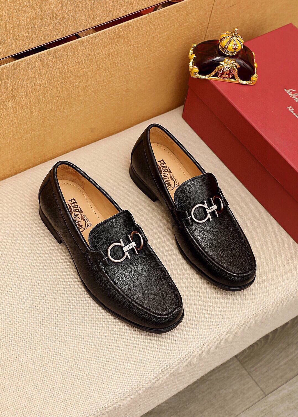 Ferragamo Black Pebbled Leather Loafers — hero