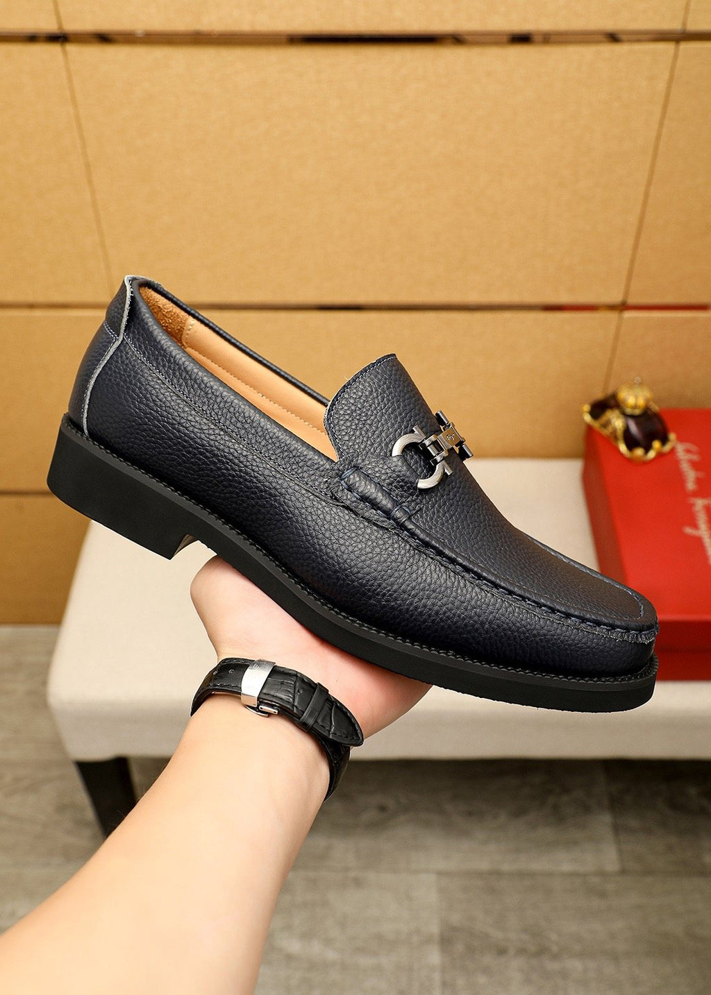 Ferragamo Black Pebble-Grain Bit Loafers — model