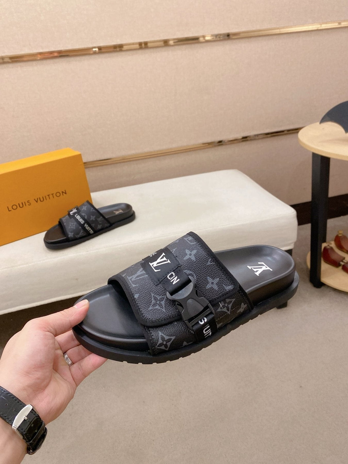 Louis Vuitton Monogram Buckle Slide Sandals — side