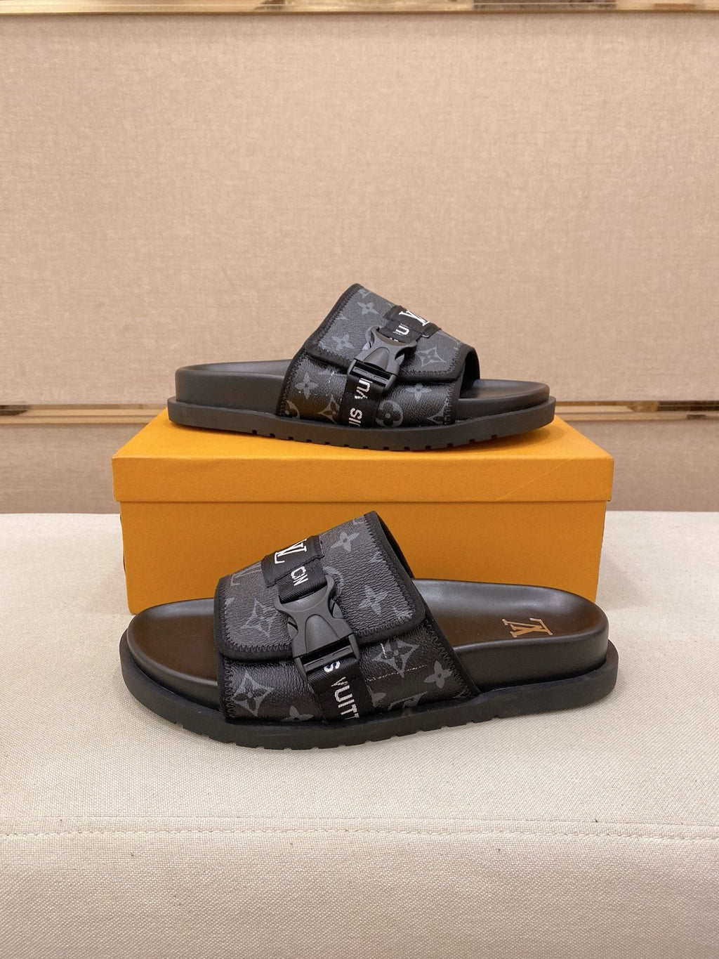 Louis Vuitton Monogram Buckle Slide Sandals — side