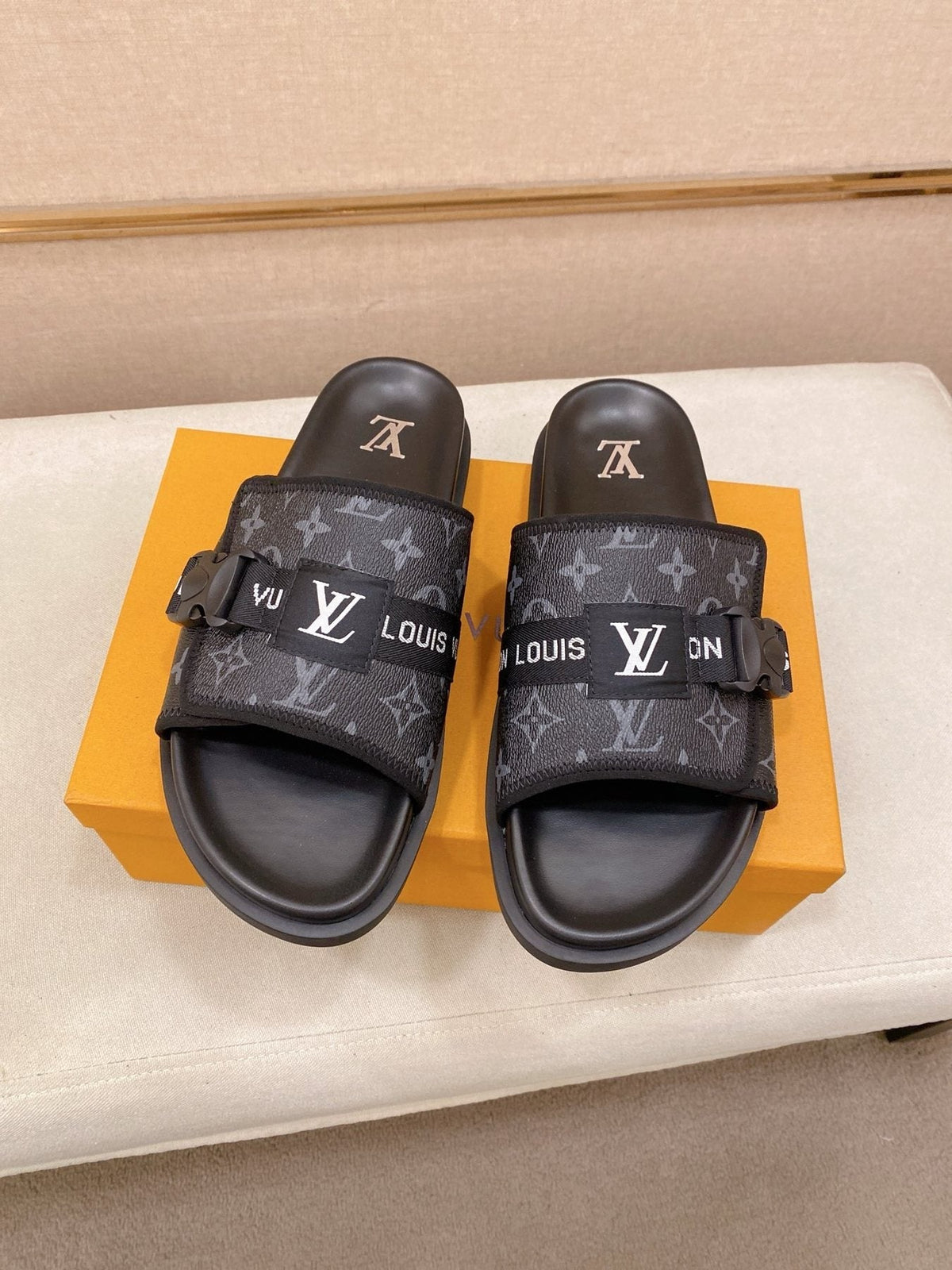 Louis Vuitton Monogram Buckle Slide Sandals — front