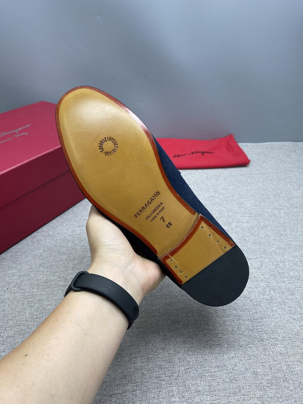 Ferragamo Navy Buckle Loafers — front