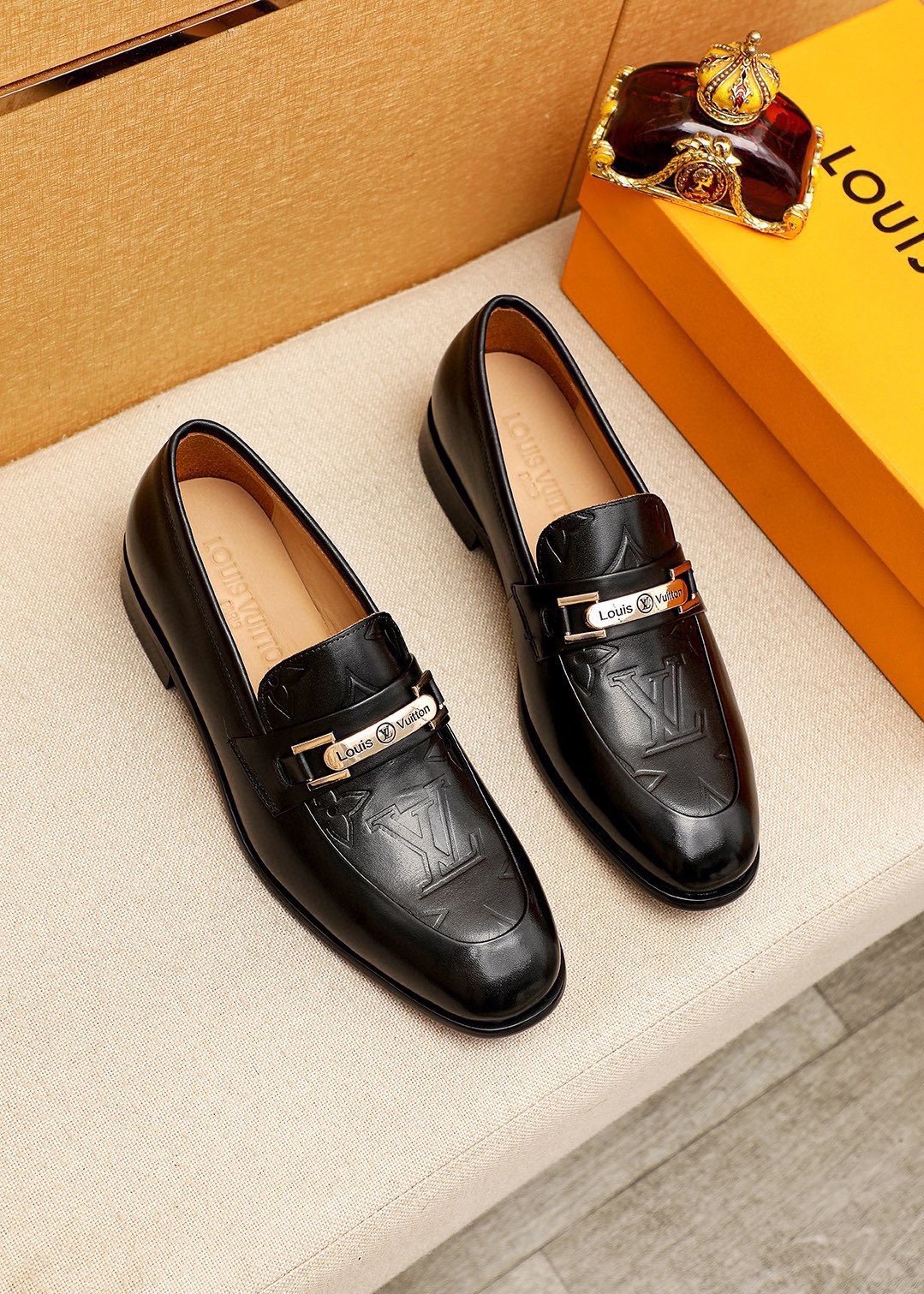 Louis Vuitton Embossed Metal-Bar Loafers — front