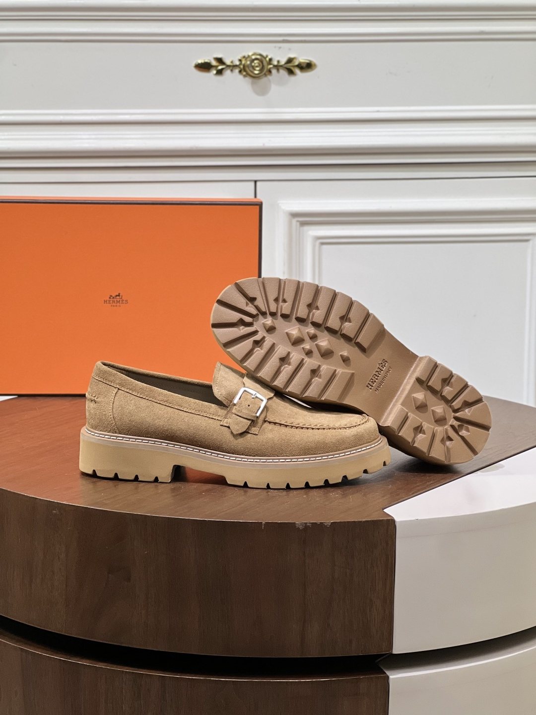 Hermès Men's Metal-Bar Lug Sole Loafers — front