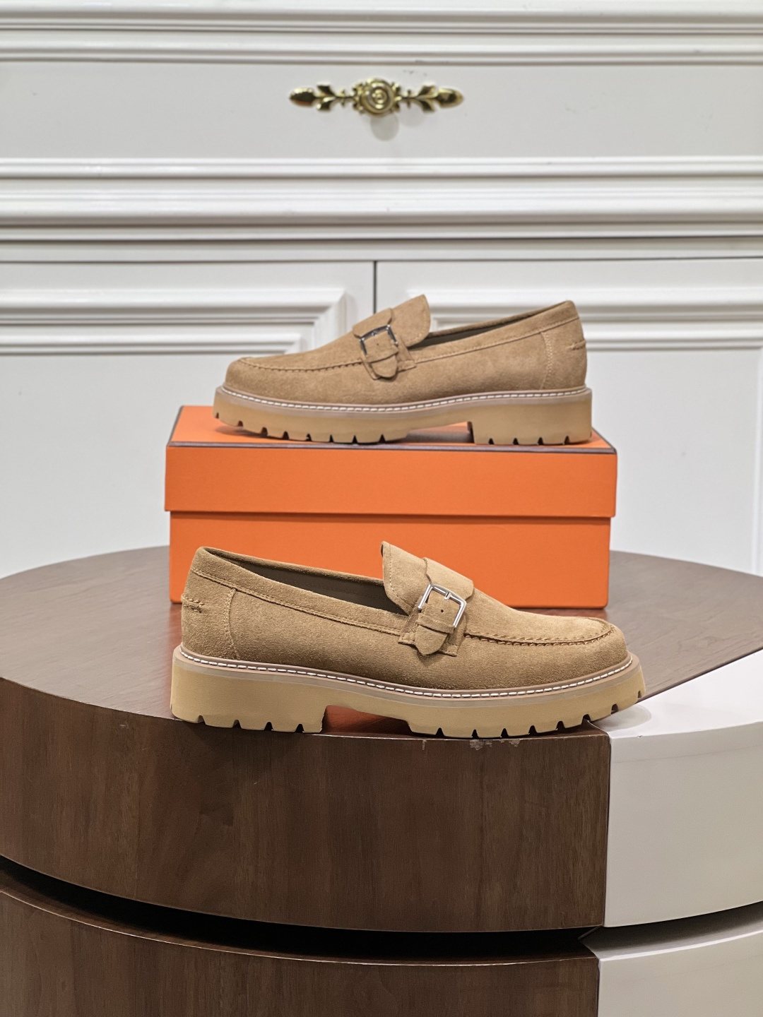 Hermès Men's Metal-Bar Lug Sole Loafers — front