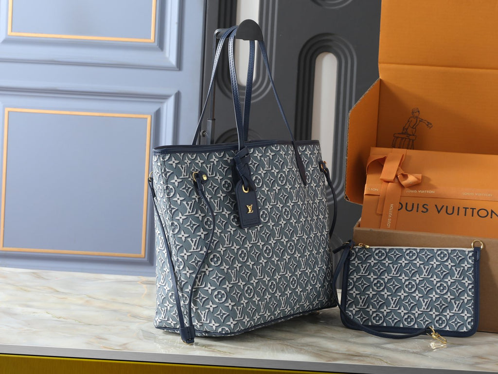 Louis Vuitton Neverfull MM Blue-Gray Tote Bag — side