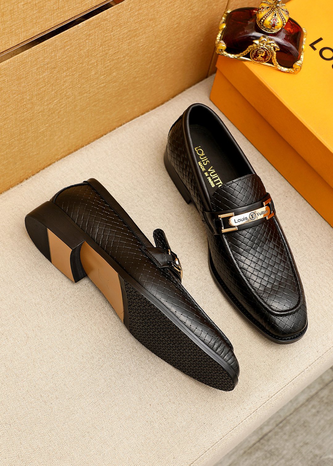 Louis Vuitton Brown Embossed Buckle Loafers — side