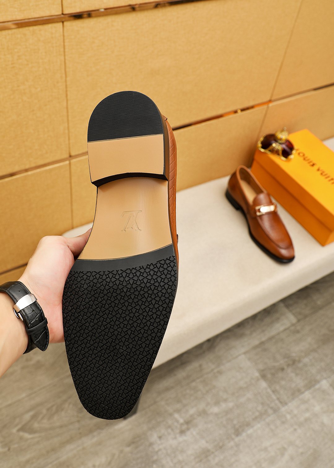 Louis Vuitton Brown Embossed Buckle Loafers — side