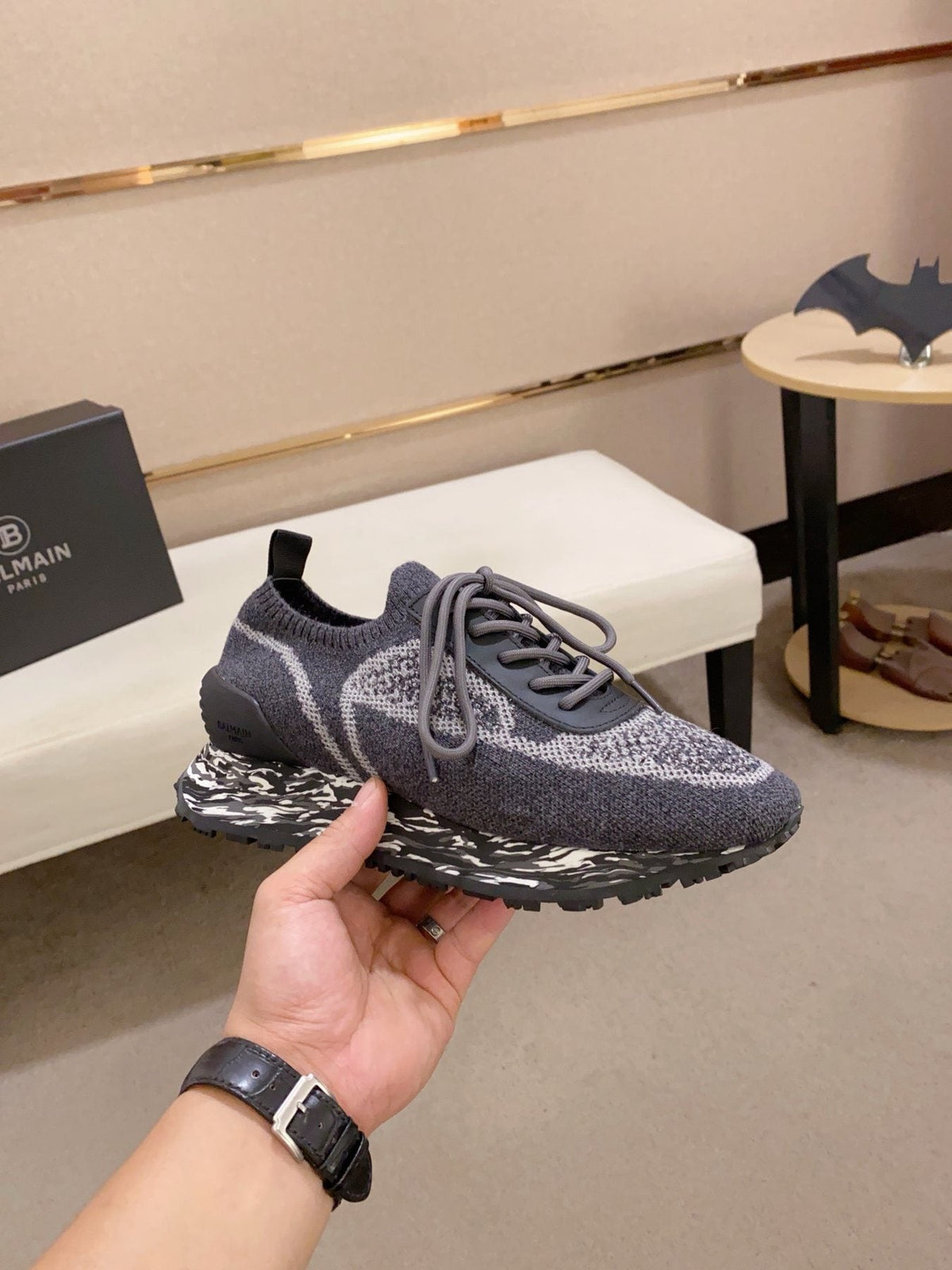 Balmain Gray and Black Knit-Look Sneakers — side